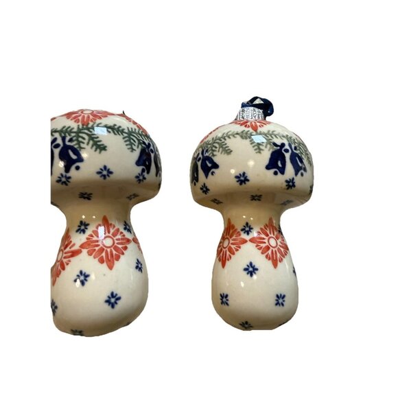 2 Handpainted Boleslawiec Poland Pottery Puffy MUSHROOM Christmas Tree Ornament - Picture 2 of 6